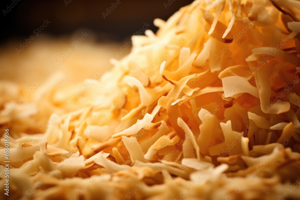 focuses on a of toasted coconut flakes, their crisp, ivorycolored edges adding a touch of contrast and providing a delightful crunch to any dish. focuses on a of toasted coconut flakes, their crisp, ivorycolored edges adding a touch of contrast and providing a delightful crunch to any dish.
