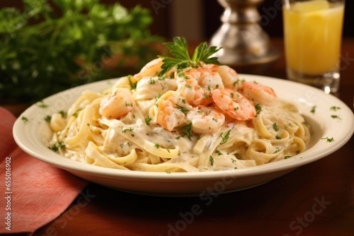 An appetizing image of shrimp and crab pasta Alfredo, the dish boasting generous portions of plump shrimp and succulent crab meat tossed amidst ribbons of pasta, all luxuriating in a velvety