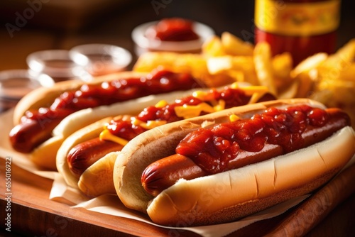 Savor the smoky aroma of a barbecue feast starring Nathans Famous hot dogs, nestled in fluffy Martins potato rolls and topped with Heinz relish, Hunts ketchup, and Frenchs mustard for a photo