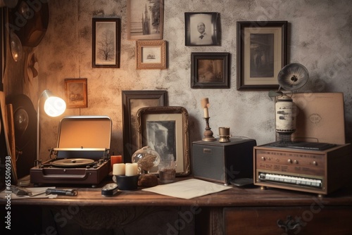 vintage interior with music player, old records and nostalgic artwork. Generative AI photo