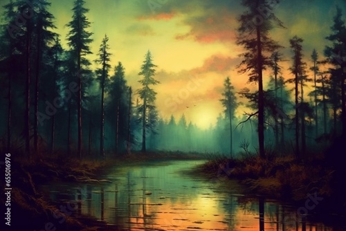 Gorgeous forest at dusk with a serene sky. Generative AI © Esme