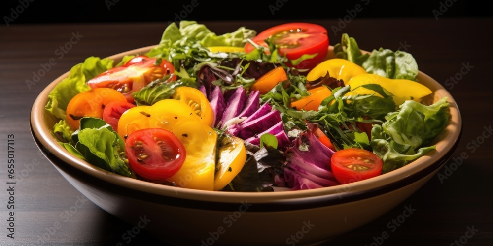 A visually striking image of a vibrant, rainbowhued salad bowl, packed with crunchy mixed greens, colorful heirloom tomatoes, and an assortment of crunchy vegetables.