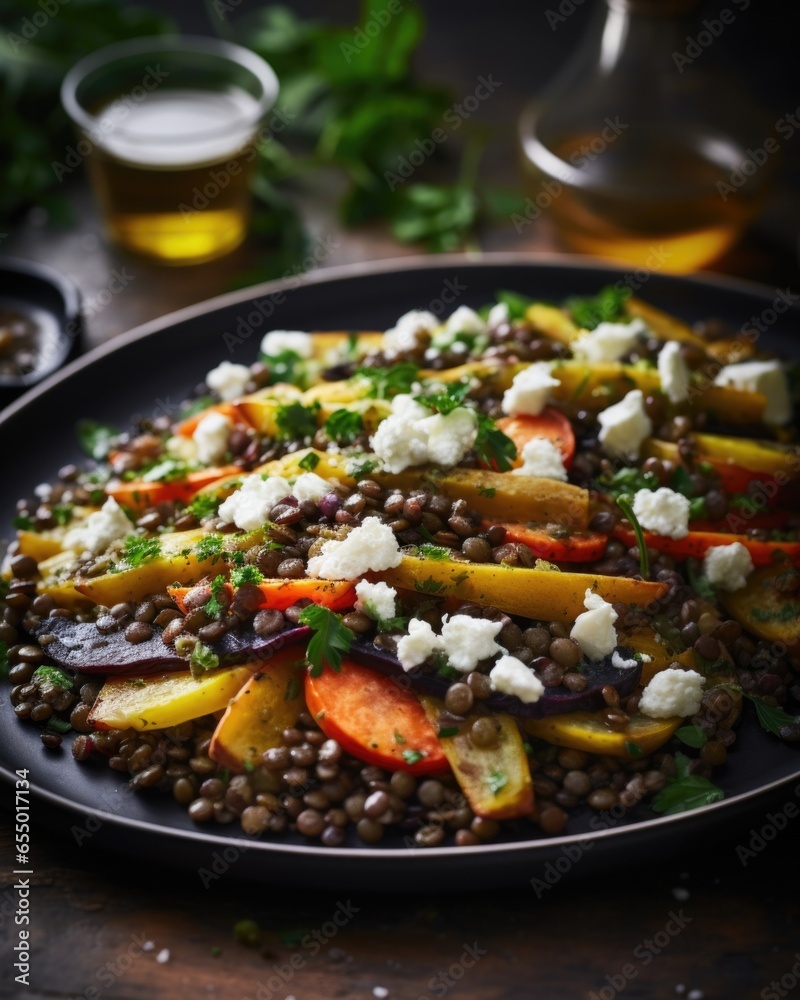 A sideon shot captures the layers of a nourishing lentil salad, where chewy black lentils form a base for a colorful array of roasted root vegetables, tangy crumbled feta cheese, and a drizzle