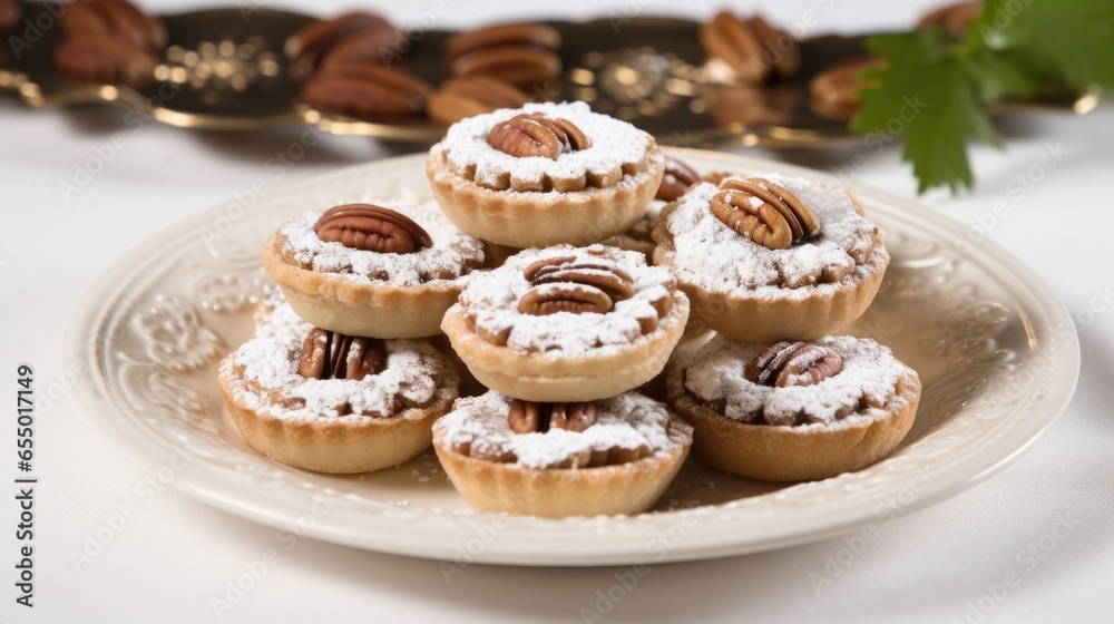 A platter of bitesized pecan tarts, their ery crusts cradling a luscious pecan filling, lightly dusted with powdered sugar for a touch of elegance. A platter of bitesized pecan tarts, their ery crusts cradling a luscious pecan filling, lightly dusted with powdered sugar for a touch of elegance.
