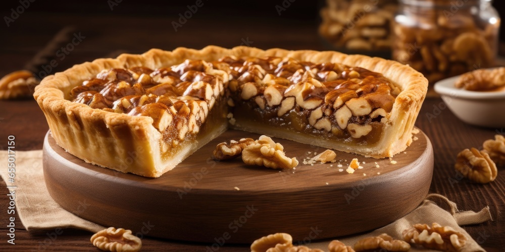A tempting homemade walnut pie commands attention with its beautifully crimped crust and perfectly arranged walnut halves. The nutty aroma wafts through the air, complementing the rich,