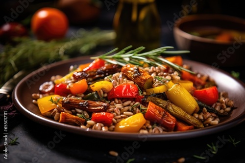 An exquisite flatlay photograph highlighting the contrasting textures in a marinated rye berry and vegetable medley, where tender roasted vegetables mingle with toothsome rye berries, all