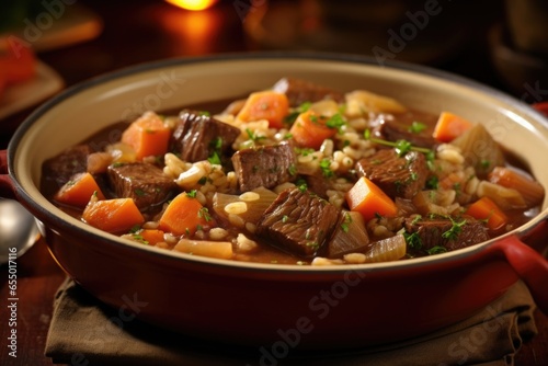 This closeup shot captures the essence of a tantalizing barley and beef stew. The stew boasts tender chunks of beef, hearty barley grains, and an assortment of root vegetables, all simmered