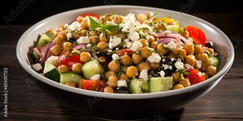 A colorful shot of a Mediterraneaninspired chickpea salad, featuring a delightful mix of juicy cherry tomatoes, crunchy cucumbers, creamy feta cheese, and briny black olives.