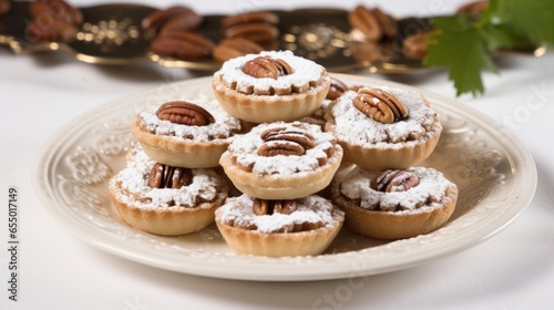 A platter of bitesized pecan tarts, their ery crusts cradling a luscious pecan filling, lightly dusted with powdered sugar for a touch of elegance.