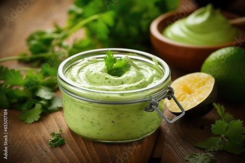 This shot captures a vibrant green avocado cilantro dressing, made by blending ripe avocados, cilantro leaves, lime juice, Greek yogurt, and a touch of jalapeno, resulting in a creamy and photo