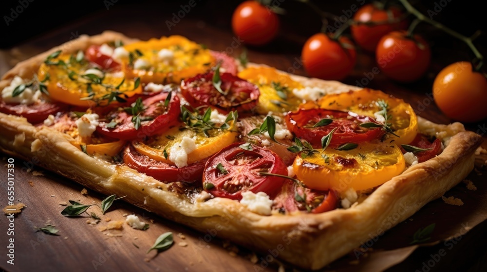 An artistic shot of a tomato tart, displaying a golden brown, flaky pastry crust enveloping a medley of heirloom tomatoes, caramelized onions, and creamy cheese. An artistic shot of a tomato tart, displaying a golden brown, flaky pastry crust enveloping a medley of heirloom tomatoes, caramelized onions, and creamy cheese.
