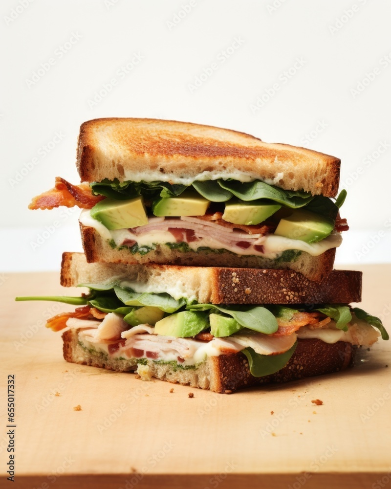 Nestled between two slices of crusty artisan bread, a mouthwatering sandwich layers tender slices of roast turkey, thick bacon, and a generous handful of spinach leaves. The creamy avocado Nestled between two slices of crusty artisan bread, a mouthwatering sandwich layers tender slices of roast turkey, thick bacon, and a generous handful of spinach leaves. The creamy avocado