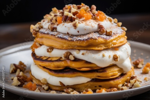 A stunning macro shot displaying a stack of tender sweet potato pancakes, luxuriously topped with a dollop of creamy cinnamoned yogurt and a sprinkle of toasted walnuts.