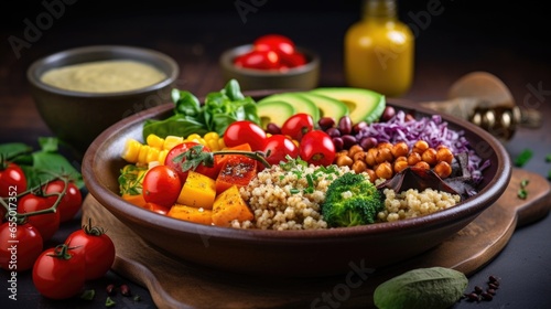 A visually stunning shot showcasing a vibrant Buddha bowl abundant with nutritious ingredients. A colorful assortment of roasted vegetables  quinoa  chickpeas  and avocado slices is artistically