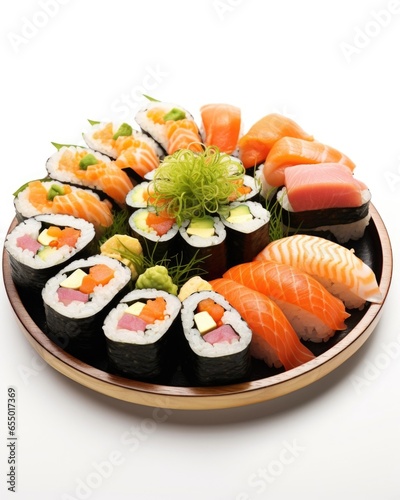 An exquisite platter of sushi showcasing the light and refreshing side of Japanese cuisine, with delicate rolls wrapped in translucent cucumber slices instead of Nori seaweed. The rolls