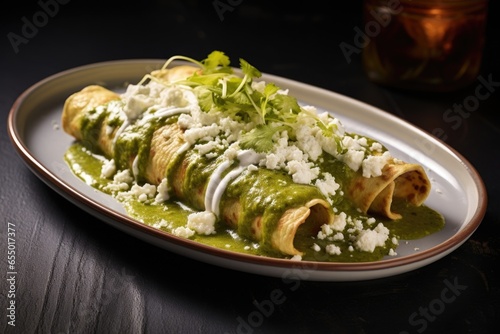 From an artistic angle, enchiladas verdes steal the spotlight with their bright and vibrant ensemble. Each enchilada showcases a bed of shredded chicken coupled with verdant layers of tomatillo photo