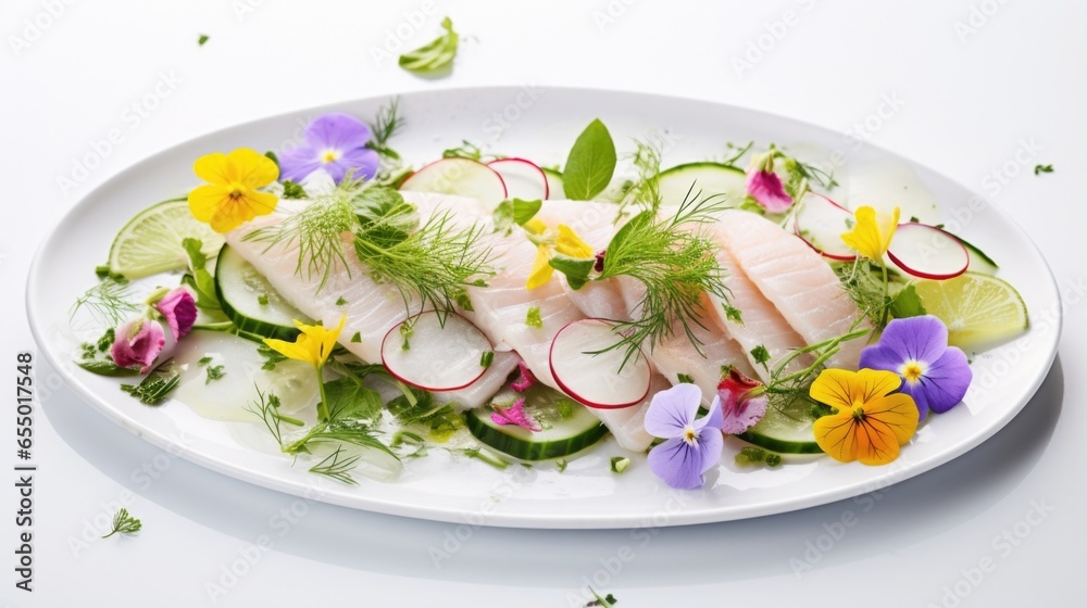 This visually appealing image showcases a glutenfree and refreshing take on ceviche, featuring delicate slices of cucumber as the base, topped with generous portions of marinated white fish,