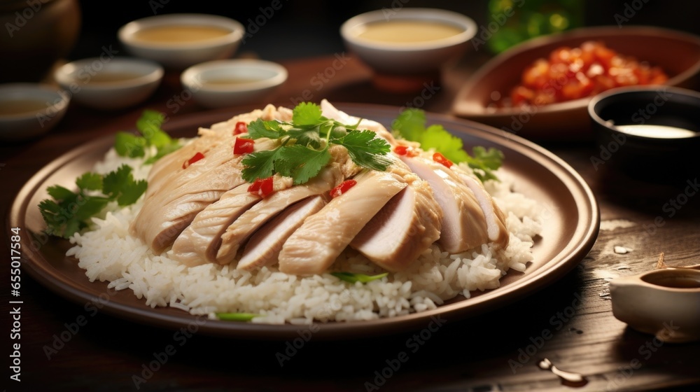 A tempting shot of Hainanese chicken rice, highlighting the tender, juicy chicken slices adorned with a sprinkle of finely chopped spring onions on a bed of steamed rice. The dish is elevated