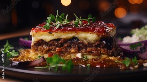 A closeup shot showcases a crosssection of moussaka, showcasing the vibrant colors of the fresh ingredients while highlighting the delicate marriage of flavors between the caramelized onions