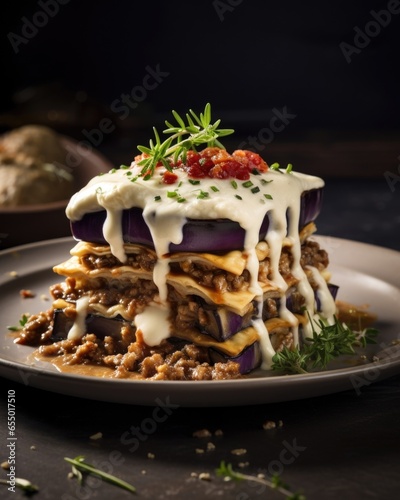 The layers of perfectly roasted eggplant, tender ground meat, and smooth b chamel sauce meld together in harmony in this delectable food shot, offering a symphony of flavors with every bite. photo