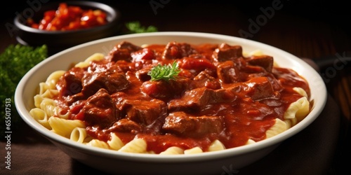 This closeup showcases a generous serving of goulash, with its deep red hue and captivating aroma. Through the lens, you can see the tender beef, slowcooked to perfection, blended effortlessly