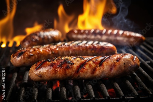 This closeup shot showcases a perfectly grilled bratwurst, its golden brown exterior adorned with charred grill marks that promise a delightful smokiness with every bite.