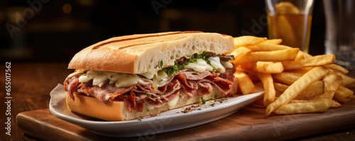 A mouthwatering shot capturing a hearty and indulgent version of the Club Sandwich, boasting thick slices of slowroasted beef, caramelized onions, melted provolone cheese, and a touch of photo