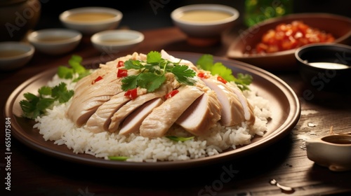 A tempting shot of Hainanese chicken rice, highlighting the tender, juicy chicken slices adorned with a sprinkle of finely chopped spring onions on a bed of steamed rice. The dish is elevated