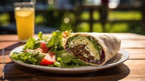 A lole shot showcases the felafel wrap in an outdoor setting  basking in natural light. The wrap is nestled on a wooden table  adorned with a side of crisp  golden fries and a refreshing