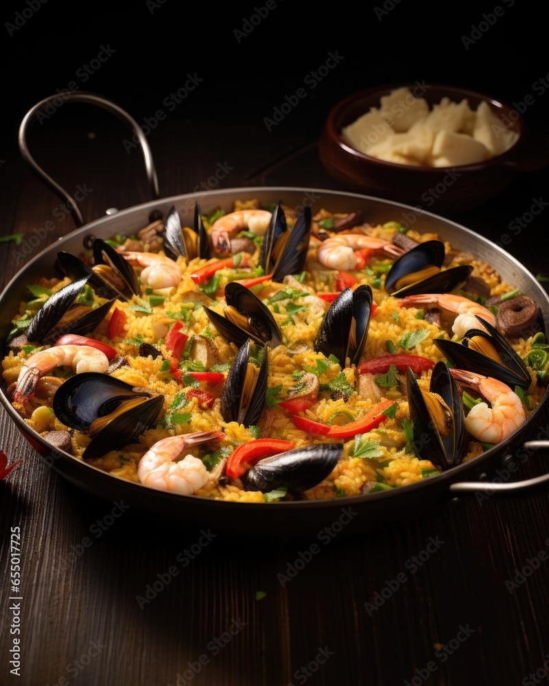 A symphony of colors and textures presented in a seafood paella, featuring a generous assortment of seafood such as shrimp, mussels, and squid, nestled amidst a bed of saffroninfused rice