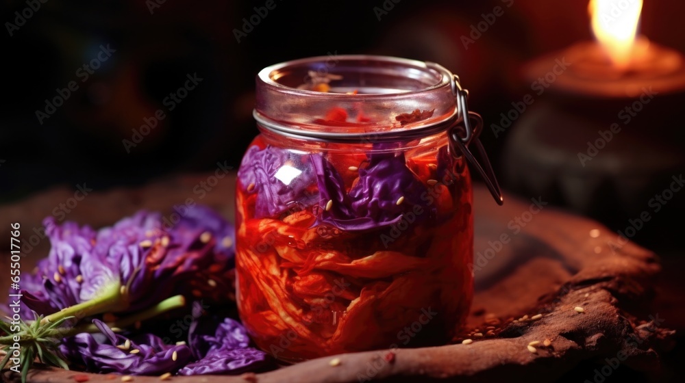 A closeup shot of a jar of kimchi, displaying the vibrant red hue of the cabbage leaves infused with chili pepper and other tangy es, revealing a tantalizing aroma and a bold, tangy taste A closeup shot of a jar of kimchi, displaying the vibrant red hue of the cabbage leaves infused with chili pepper and other tangy es, revealing a tantalizing aroma and a bold, tangy taste
