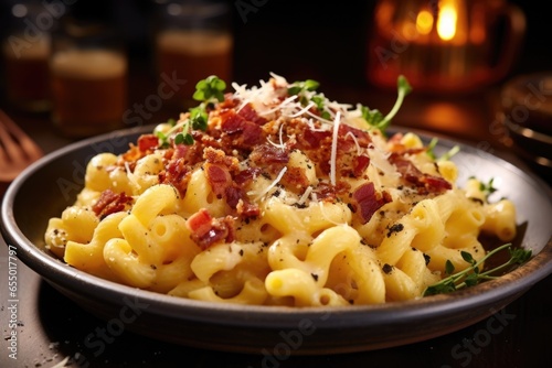 A symphony of flavors and textures plays out in this gourmet macaroni and cheese, featuring al dente cavatappi pasta coated in a rich blend of aged Gouda and Parmesan cheeses, accentuated photo