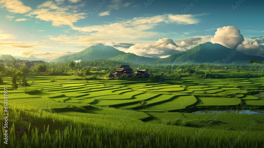 Rice field in the morning with blue sky background