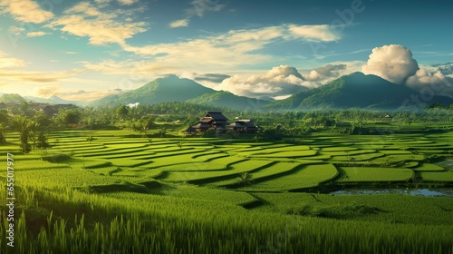 Rice field in the morning with blue sky background