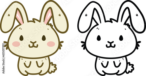 Cute rabbit doodle style vector illustration, Cute bunny cartoon doodle style colored and black and white line art stock vector image