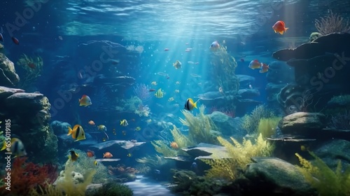 Underwater world with corals and tropical fish. Underwater world