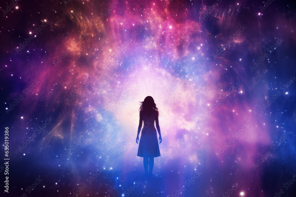 Silhouette of a woman in a dress in the cosmic universe sky. Spiritual or religious concept. Astral body concept. Generative AI.	 - obrazy, fototapety, plakaty 