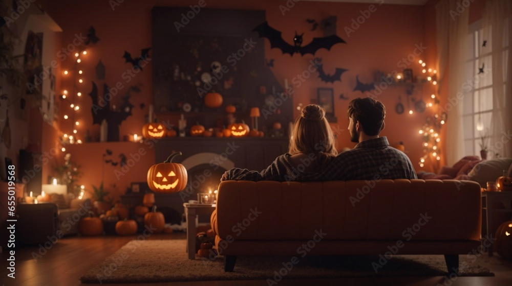 couple sitting in a halloween decorated living room