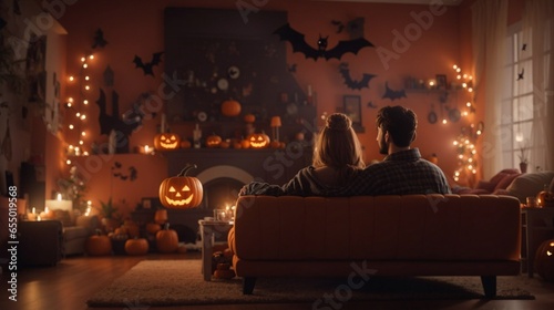 couple sitting in a halloween decorated living room