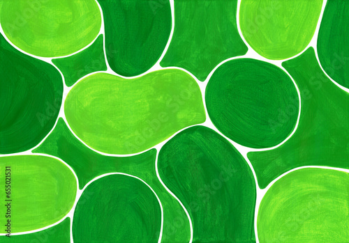 Neurographic drawing paited with two shades of green paint, invert version with white lines. A therapeutic art form. Acrylic or gouache green paint, bubble shapes artistic abstract background.