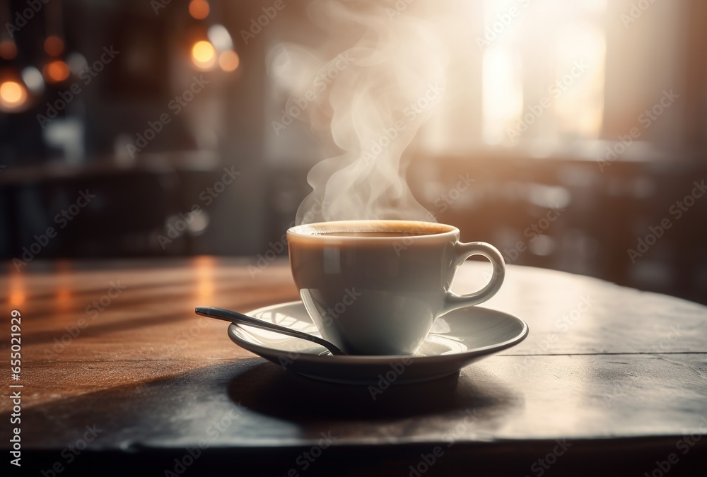 Obraz na płótnie Cup of steaming coffee on a table in the sun w salonie