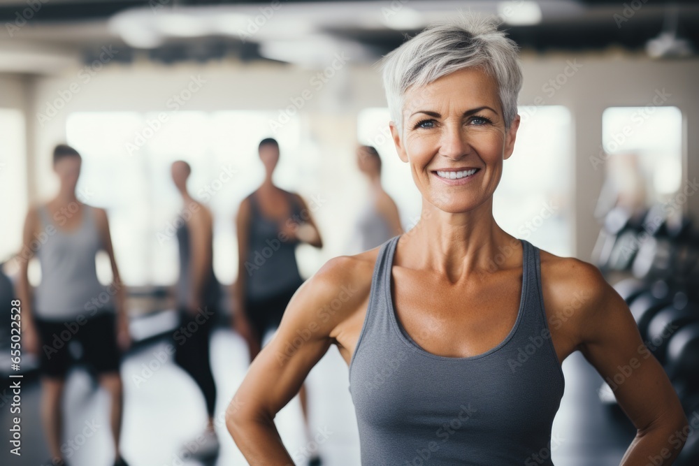 Middle-aged woman smile and standing in a fitness studio with friends. 