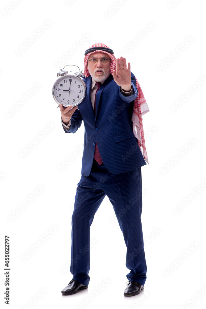 Old arab businessman isolated on white in time management concep Old arab businessman isolated on white in time management concep