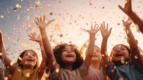 Group of Kids blowing confetti and soap bubble with sunset vibe background.