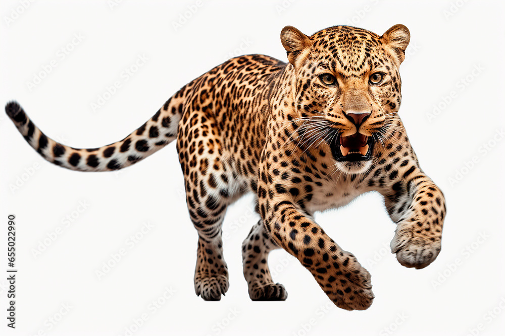 Naklejka premium Leopard isolated on a white background jumping. Animal front view portrait.