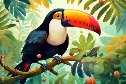 Curious toucan discovering fruity branch. Generative AI © Melisande
