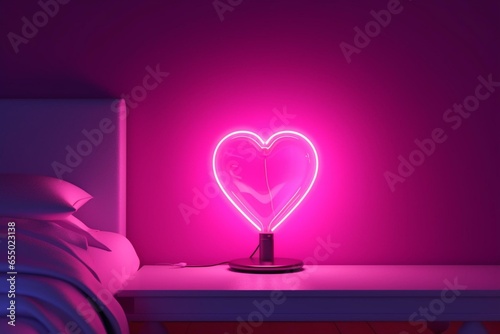 Neon heart-shaped bedside lamp in magenta. 3D rendering. Valentine's Day theme. Generative AI