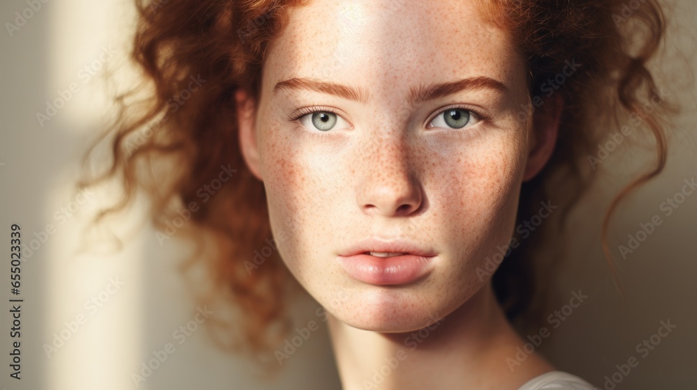 Closed up of beautiful young model face with nude make up on skin. - obrazy, fototapety, plakaty 