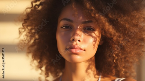 Closed up of beautiful young model face with nude make up on skin.