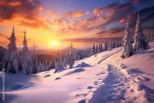 stunning winter mountain sunset. Generative AI